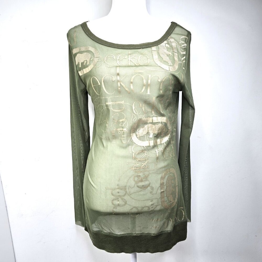 Vintage eckored Y2K 90s Olive Green Gold Mesh Long Sleeve Tunic Top